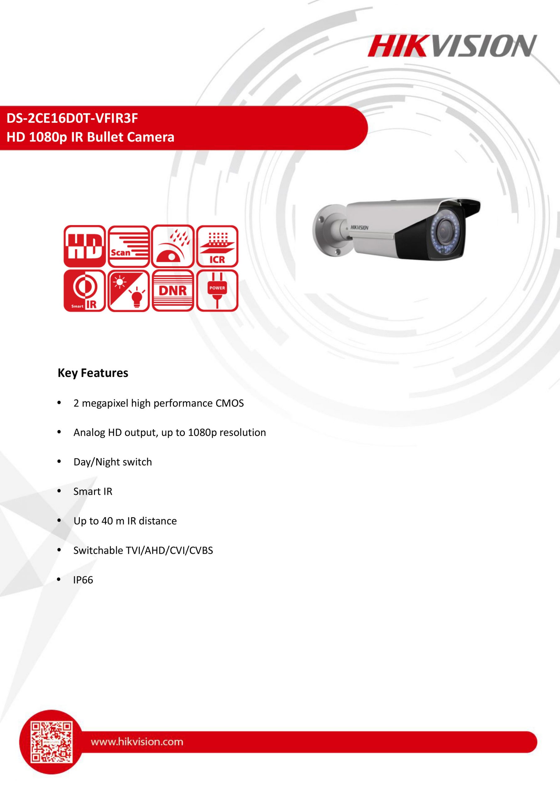 Hikvision DS-2CE16D0T-VFIR3F 2 MP Manual Varifocal Bullet Camera